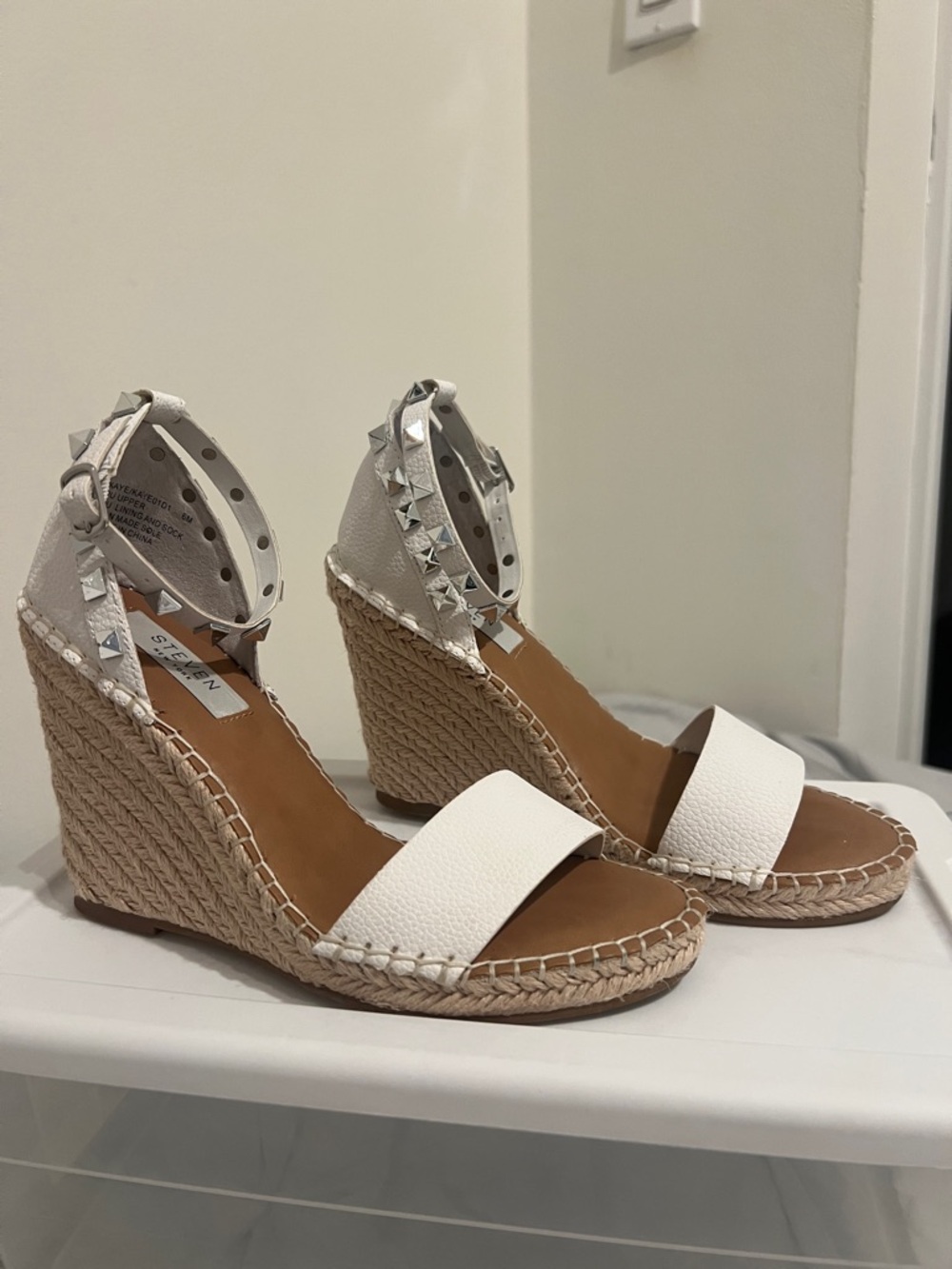 White Studded Ankle-Wrap Espadrille Wedge Sandals